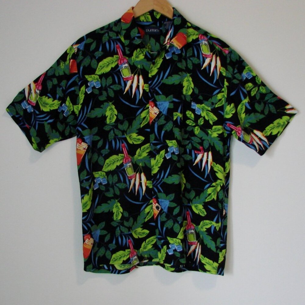 Hawaiian Shirt Loose Hot Sauce Drinks Cocktails Palm Leaves Black Button Medium
